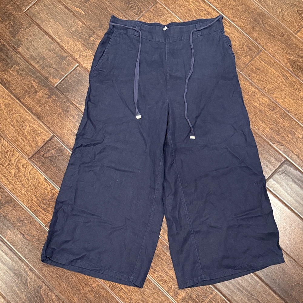 H by Halston Navy Wide-Leg Cropped Linen Drawstring Pants